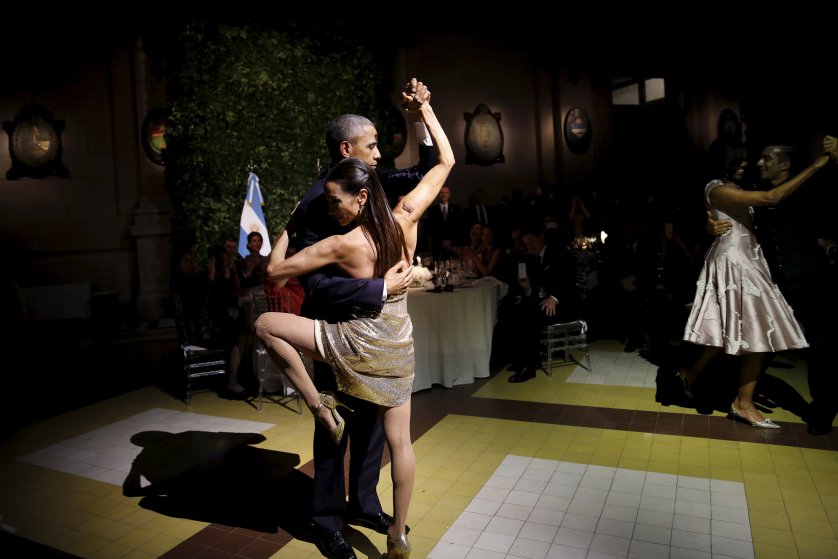 U.S. President Barack Obama dances tango during a state dinner hosted by Argentina's President Mauricio Macri at the Centro Cultural Kirchner as part of President Obama's two-day visit to Argentina, in Buenos Aires