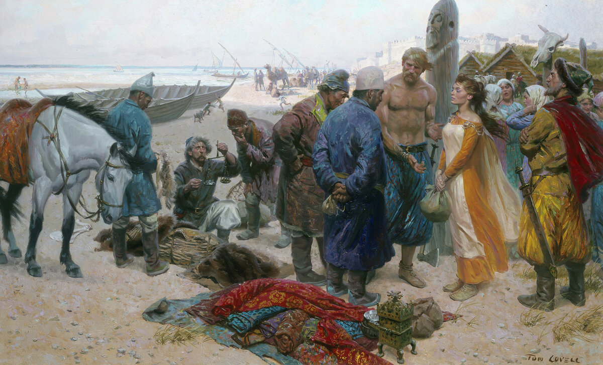 Обнаженный до пояса викинг предлагает персидскому купцу рабыню в Волжской Булгарии