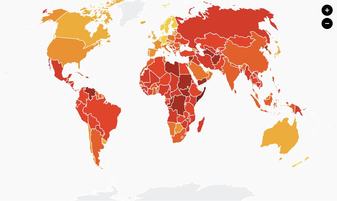 Карта, що показує рівень корупції в країнах