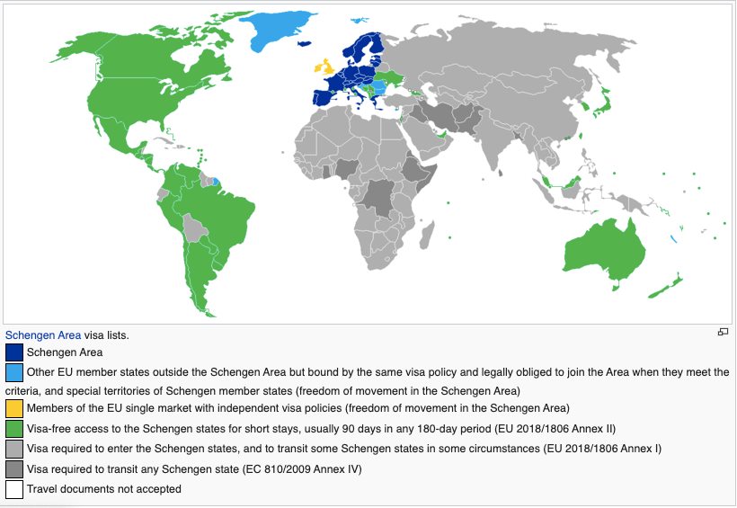 Карта країн, у яких візовий та безвізовий доступ в ЄС