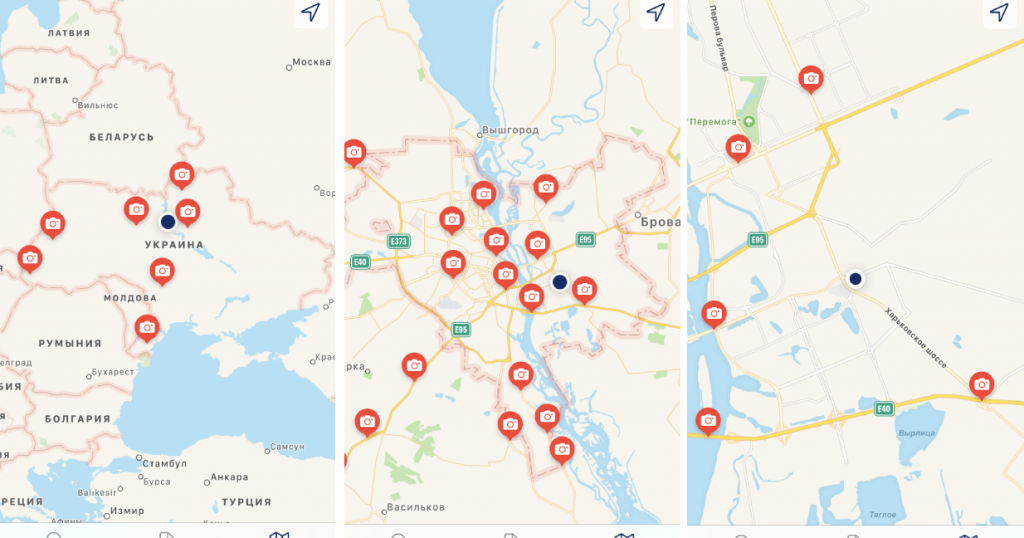 Карты камер в приложении «Штрафы ПДД». Источник: ain.ua