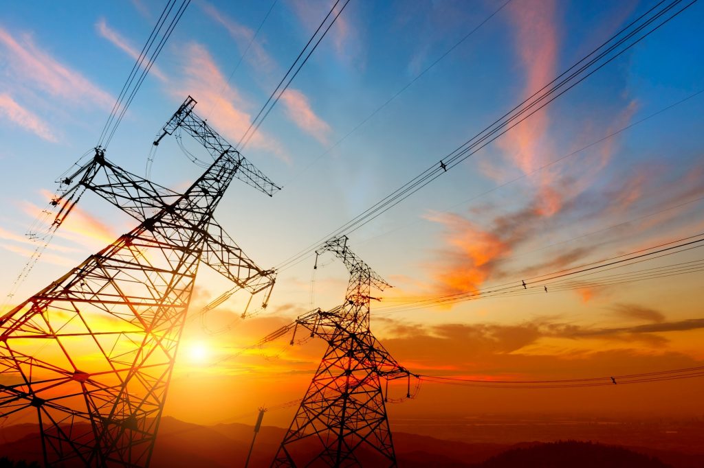 high voltage post.High-voltage tower sky background.