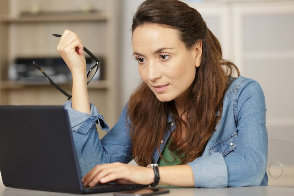 woman serious professional freelance social media content writer