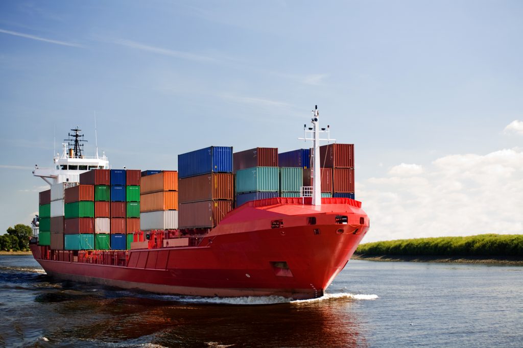 Cargo container ship on river