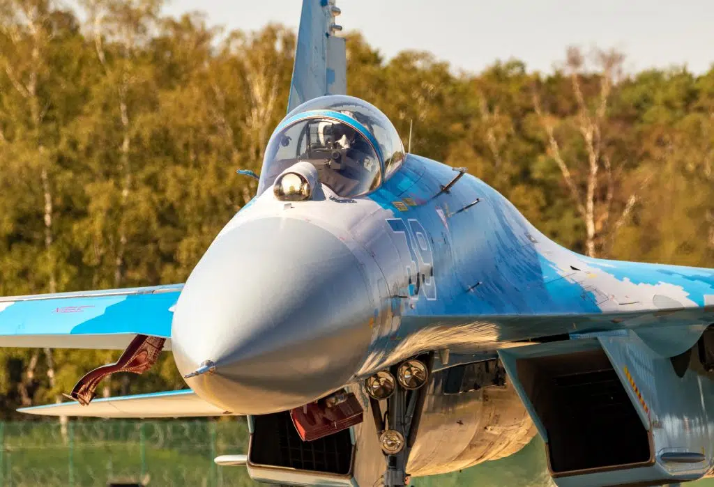 Ukrainian Air Force Sukhoi Su-27 Flanker fighter jet taxiing aft