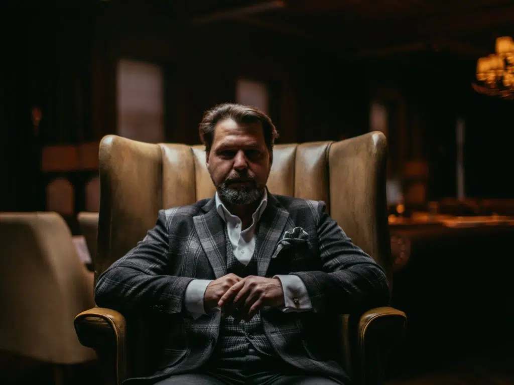 Bearded businessman thinks about important while sitting in leather armchair.