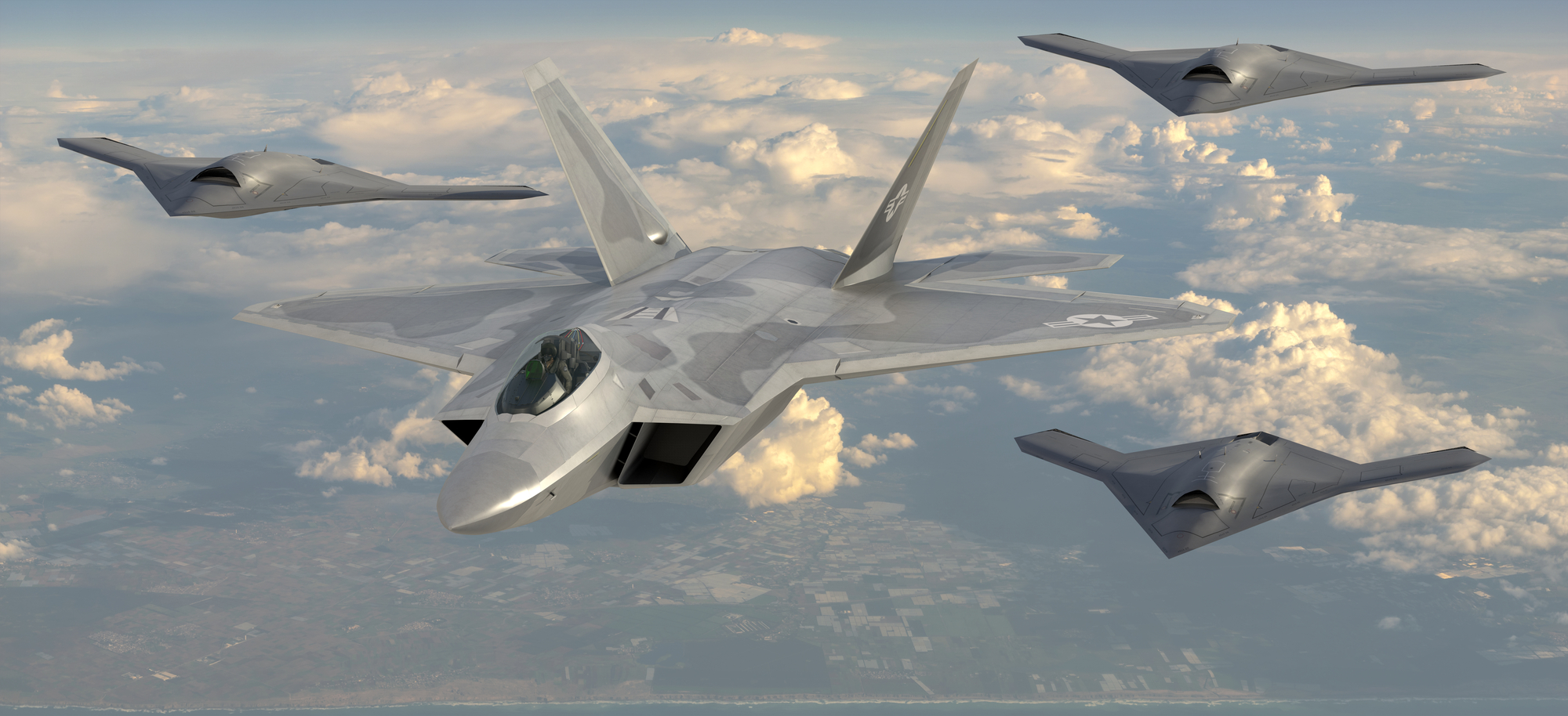 Lockheed Martin F-22 Raptor in a formation with combat drones fr