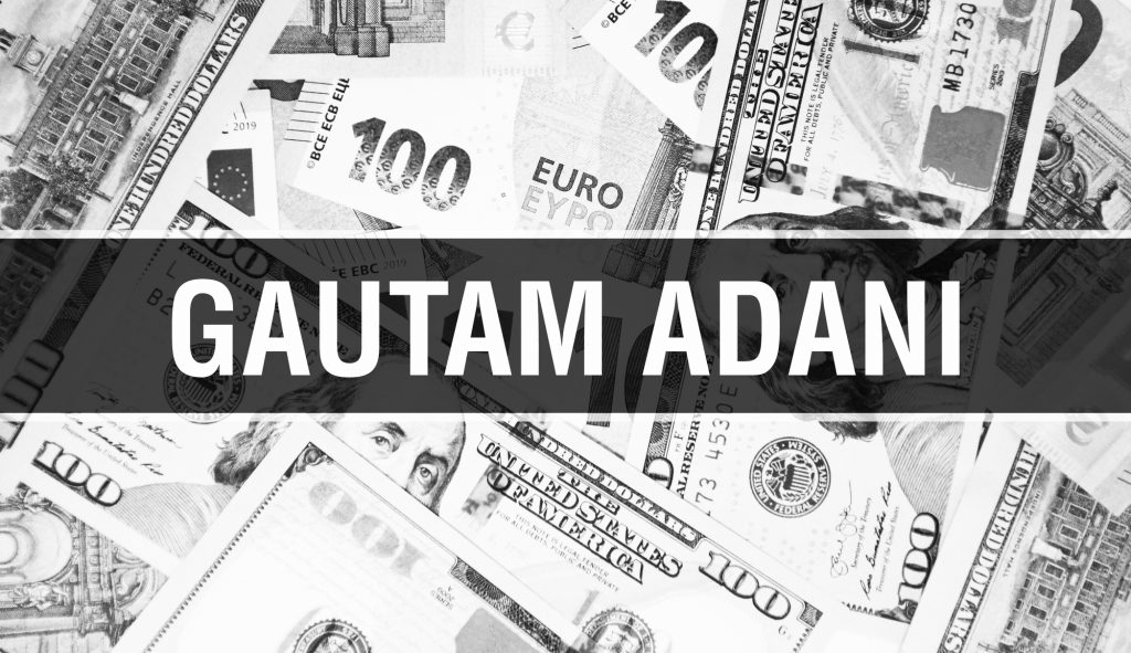 Gautam Adani text Concept. American Dollars Cash Money,3D render