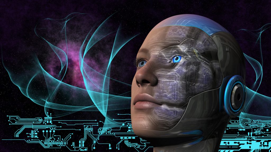 Cyborg woman with deep space and circuit design background