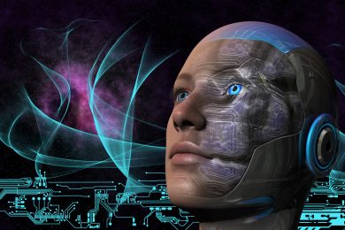 Cyborg woman with deep space and circuit design background