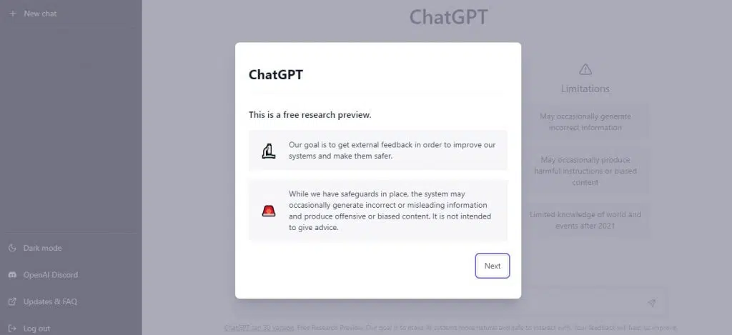 Окно диалога с ChatGTP