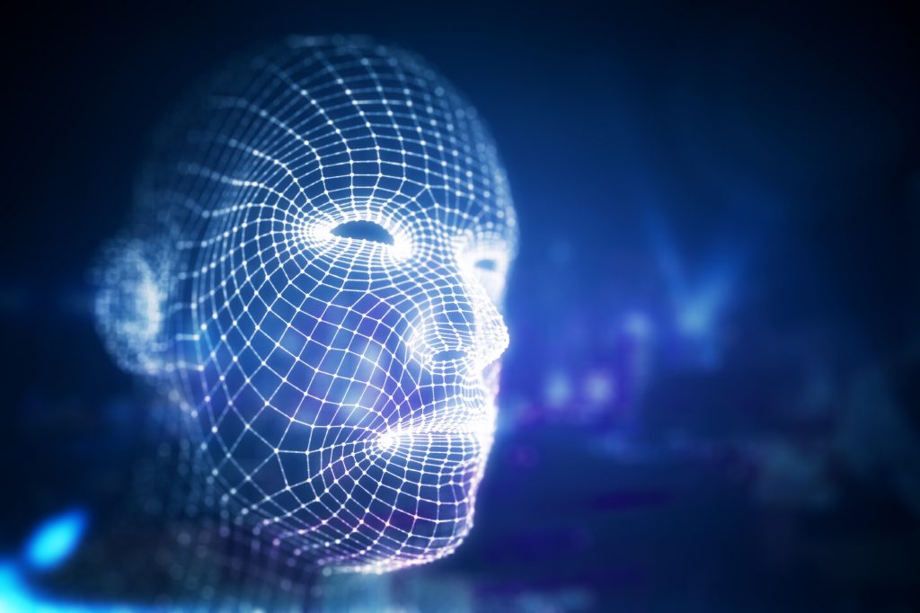 Close up of abstract digital human face on blue city background. Technology and robotics concept. 3D Rendering