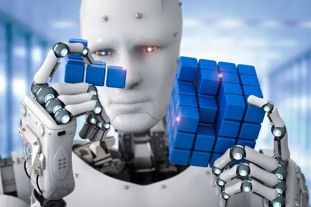 3d rendering humanoid robot playing cube puzzle