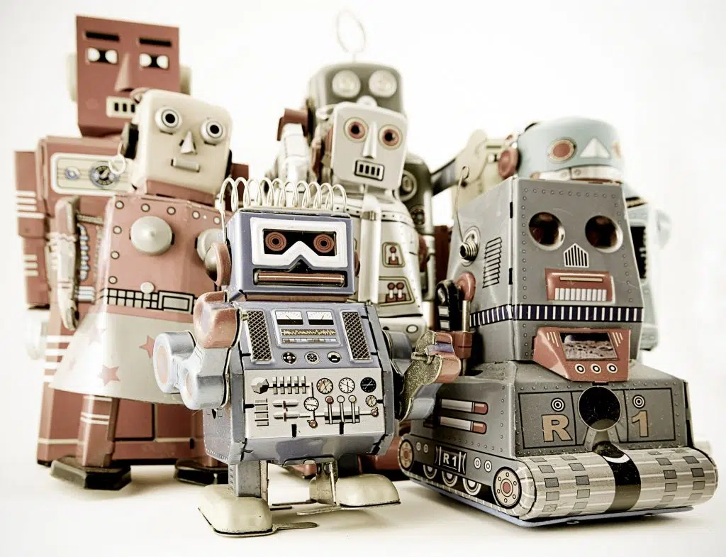 a large group of robot toys