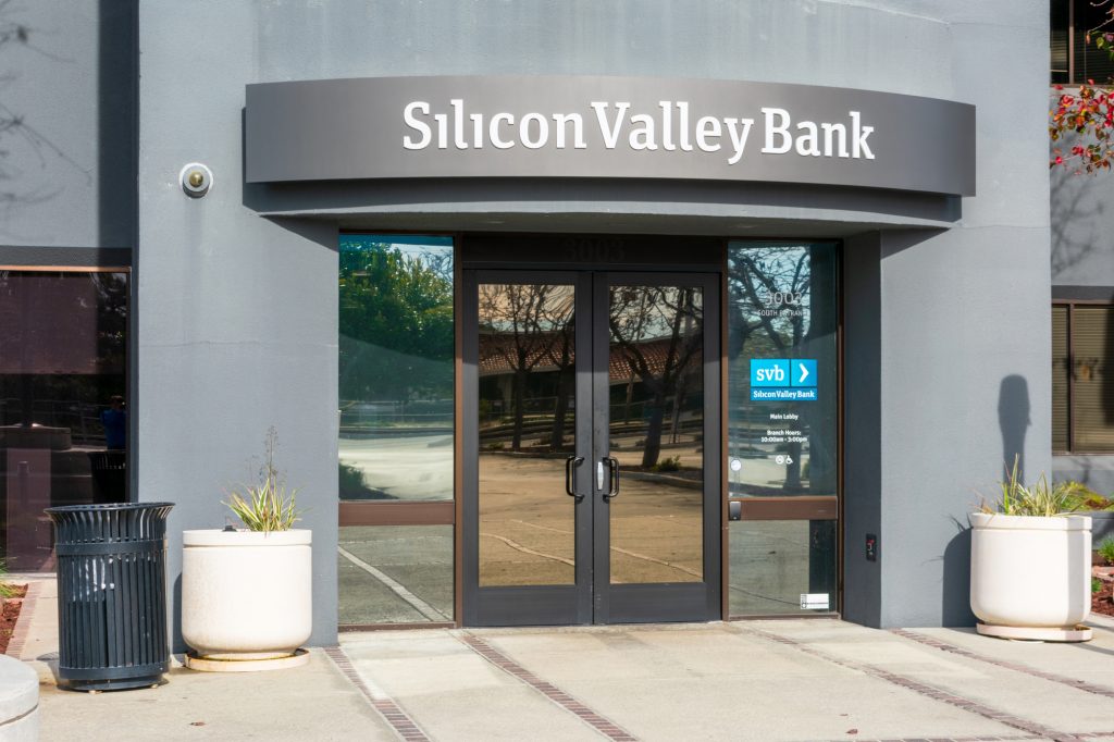 Silicon Valley Bank facade at high-tech commercial bank headquarters in South San Francisco Bay area - Santa Clara, California, USA - 2020