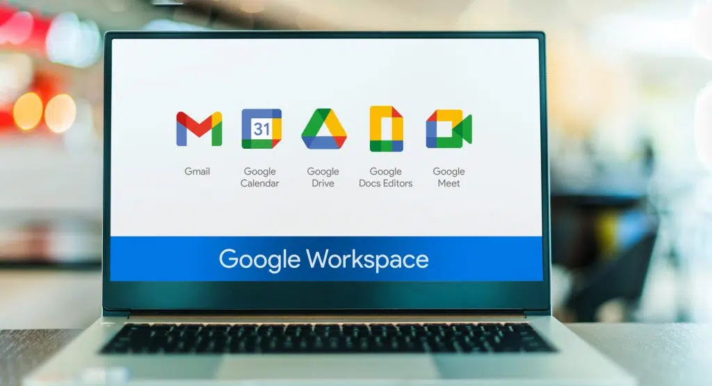 Laptop computer displaying logo of Google Workspace