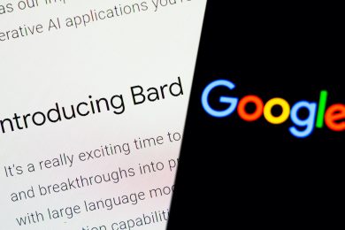 February 9, 2023, Brazil. In this photo illustration, the Google logo is displayed on a smartphone screen, in the background, the page of the new artificial intelligence (AI) tool called Bard