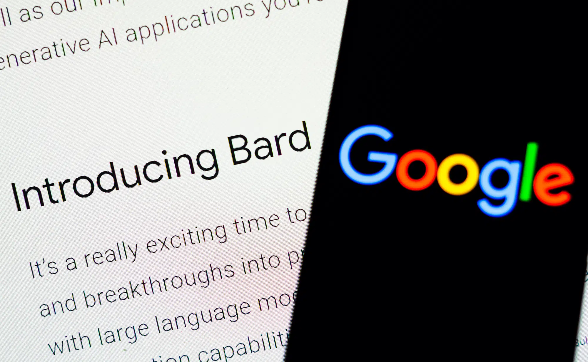 February 9, 2023, Brazil. In this photo illustration, the Google logo is displayed on a smartphone screen, in the background, the page of the new artificial intelligence (AI) tool called Bard