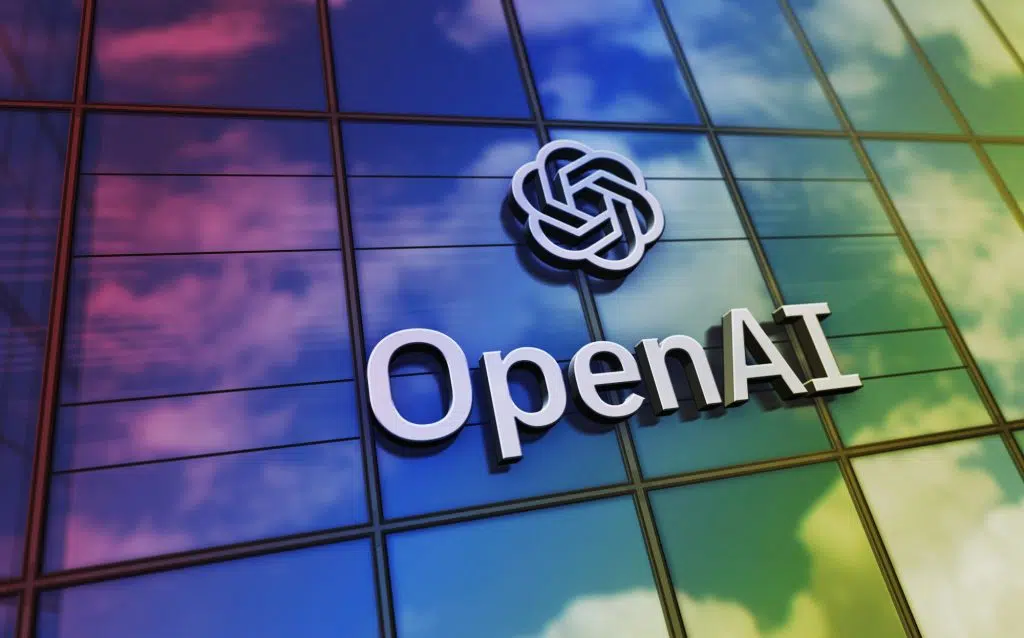San Francisco, USA, February 15, 2023: OpenAI headquarters glass building concept. ChatGPT artificial intelligence company symbol on front facade 3d illustration.