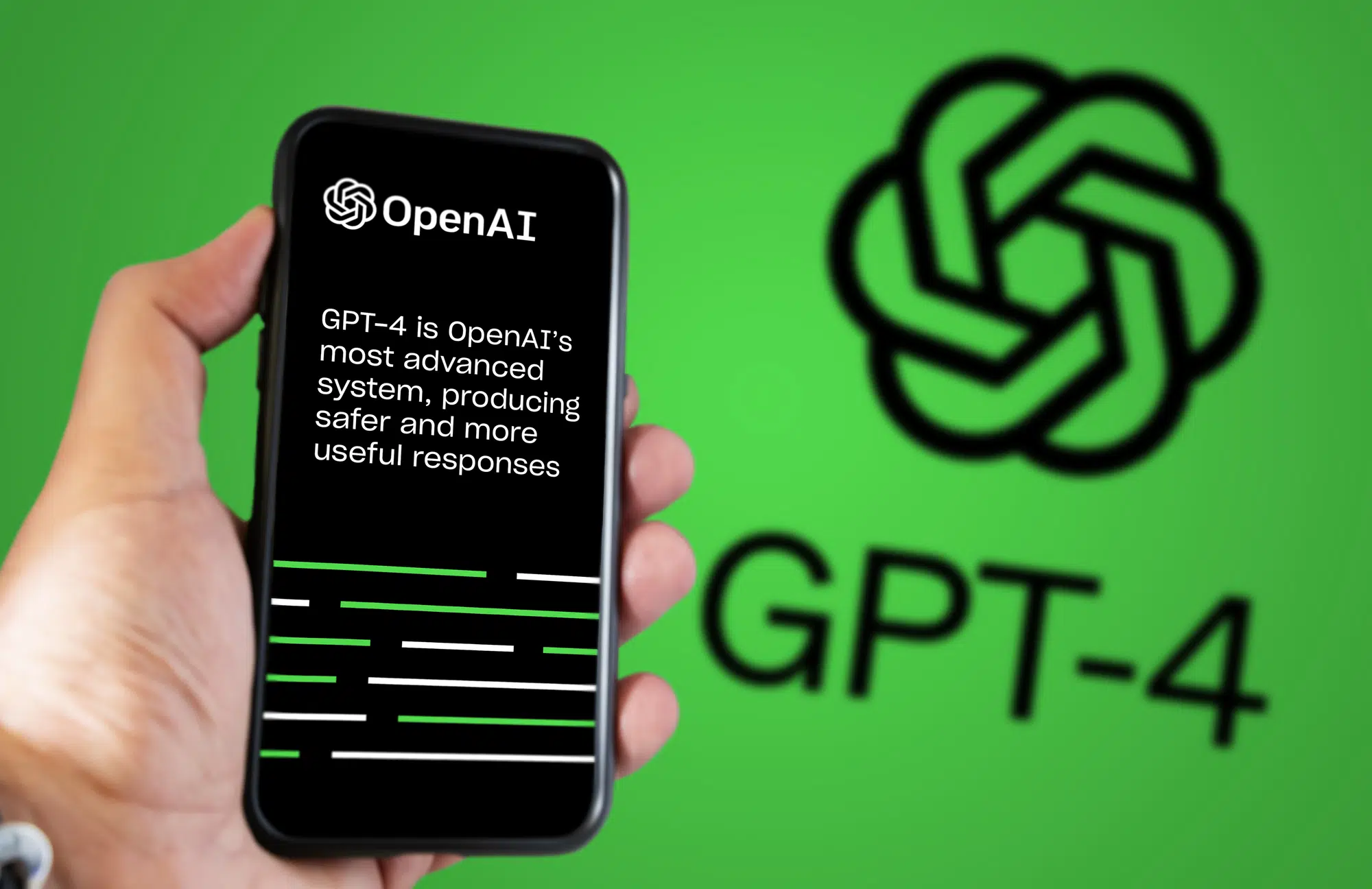 San Francisco US, March 2022: Hand holding a phone with the OpenAI GPT-4 website on the screen. Green background with blurred logo. OpenAI is a non-profit artificial intelligence research organization