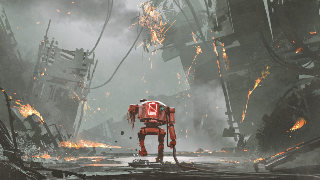 broken robot with low-battery walking in ruined city, digital art style, illustration painting
