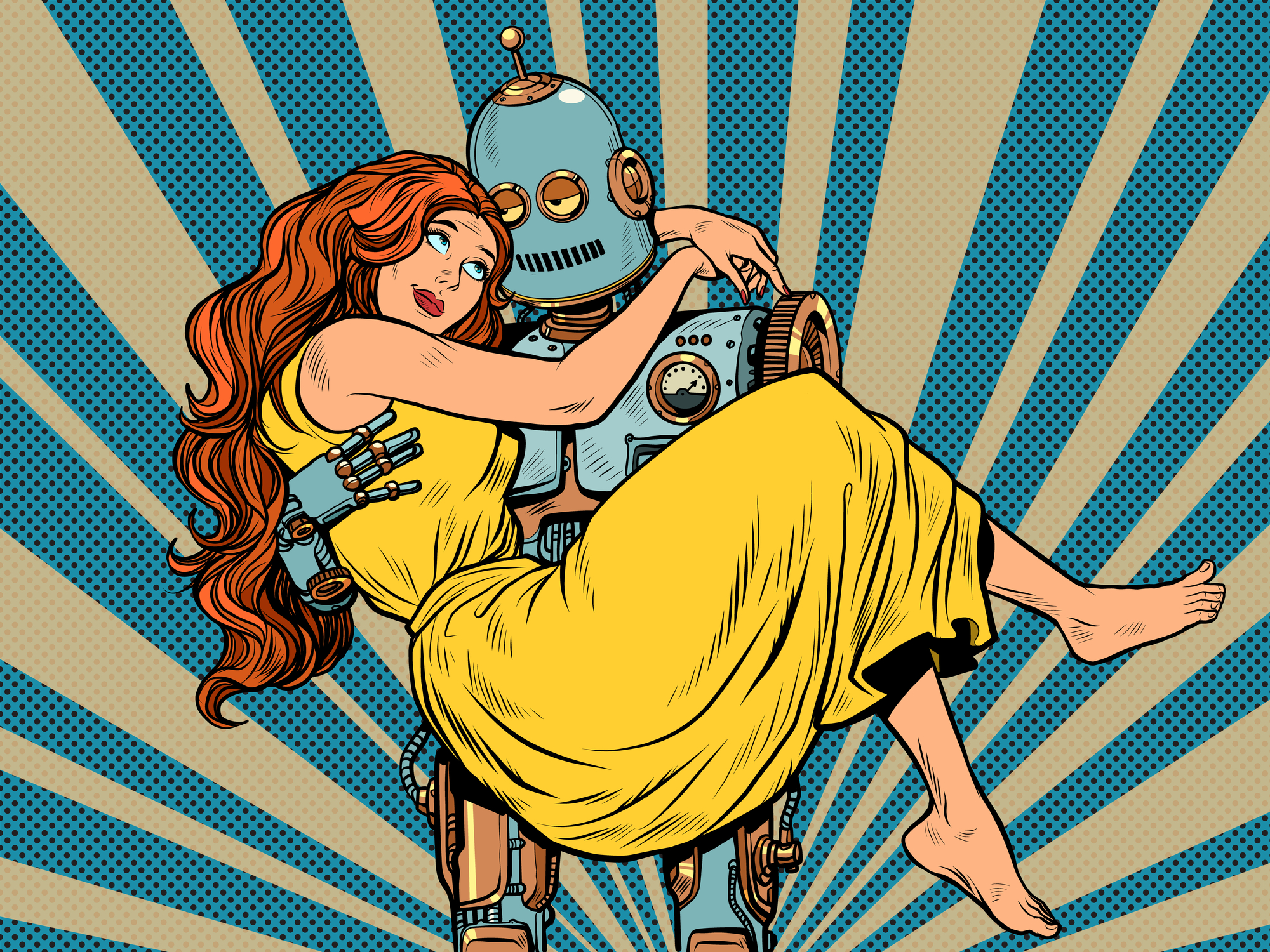 love couple robot and woman. Pop art retro vector illustration vitch vintage 50s 60s style