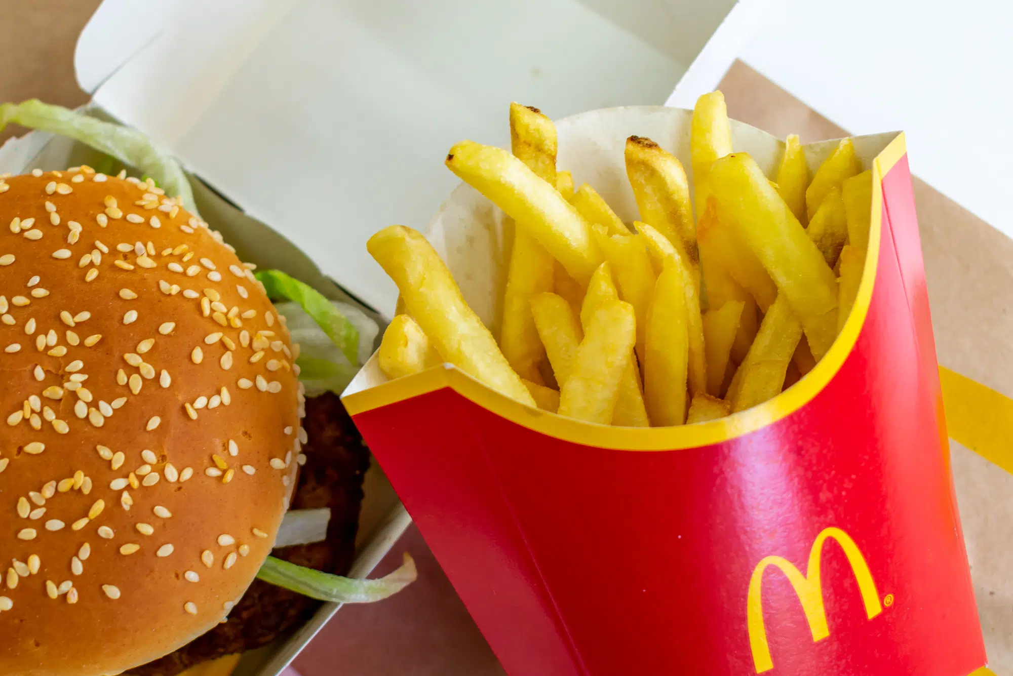 London. UK- 01.28.2021. A real life Big Mac and medium fries from a McDonald's restaurant.