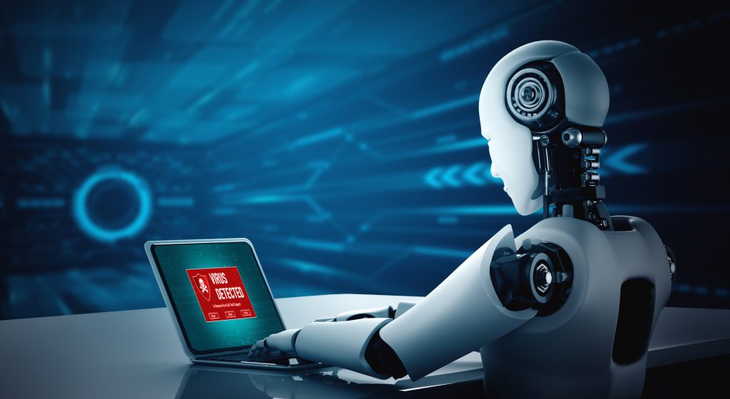 AI Robot using modish computer software . Concept of artificial intelligence.