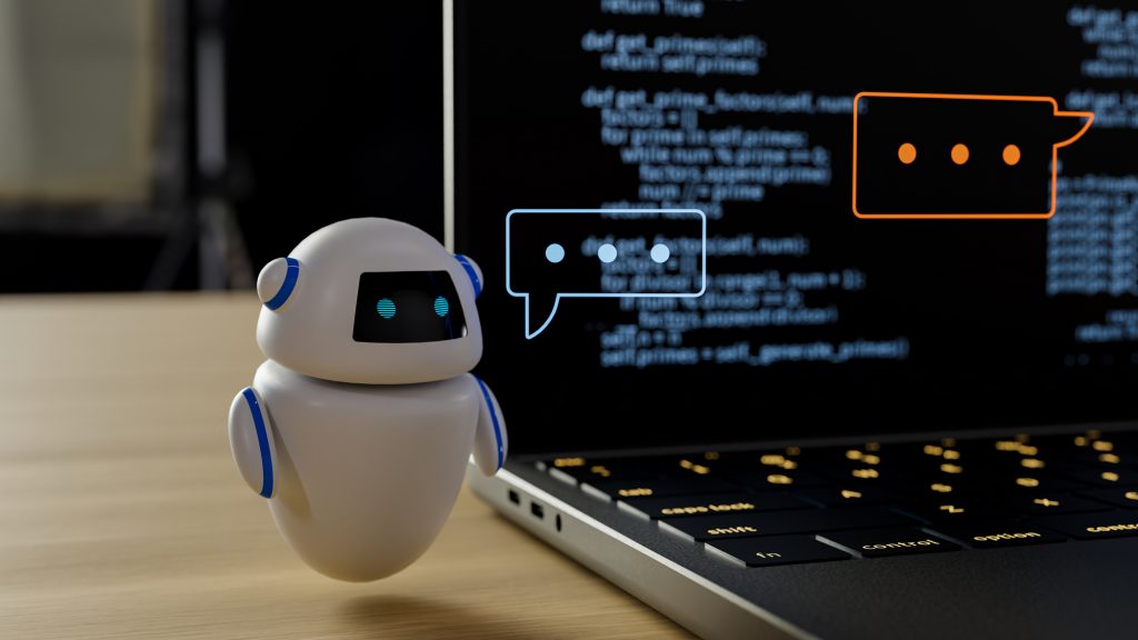 A conversational AI chatbot responds to a user's needs in front of a laptop. 3d rendering