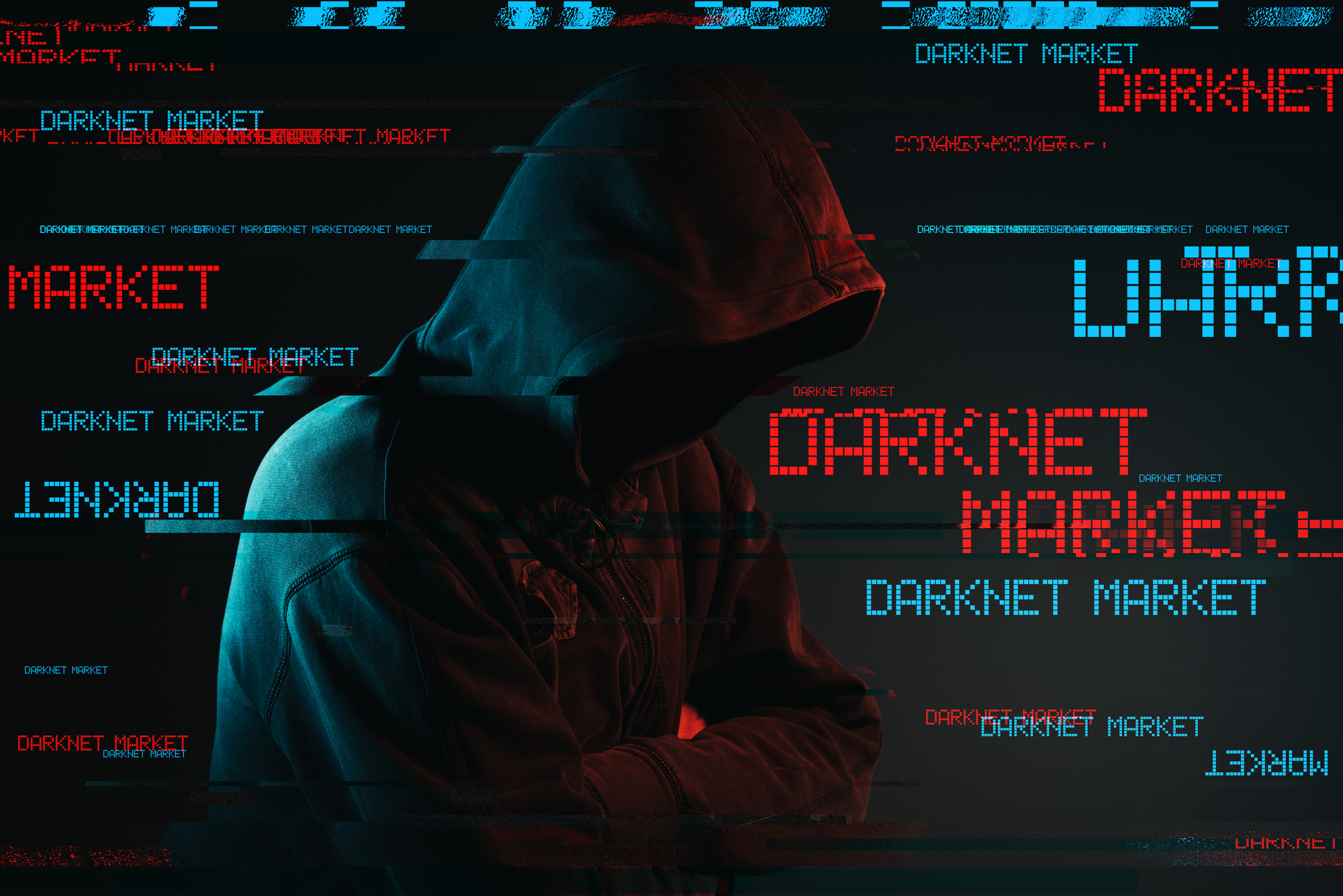 Darknet market concept with faceless hooded male person, low key red and blue lit image and digital glitch effect