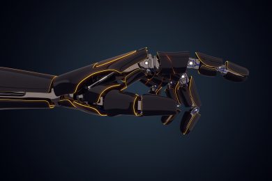 3D rendering robotic hand on a dark background