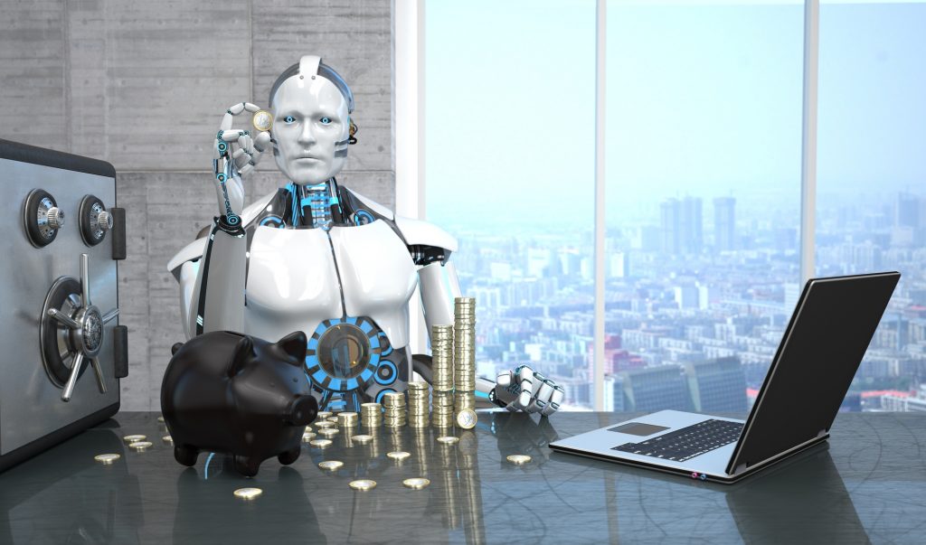 A robot with the Euro coins, piggy bank and safe on the table. 3d illustration.