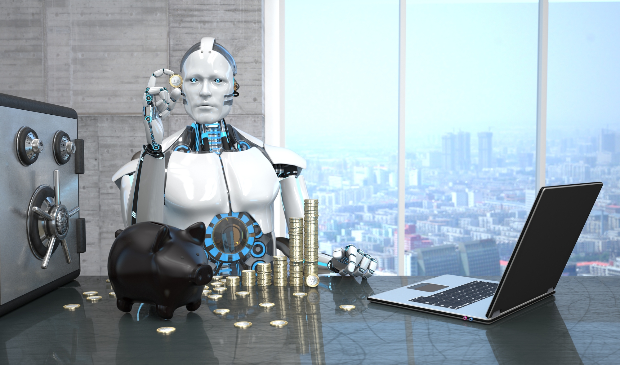 A robot with the Euro coins, piggy bank and safe on the table. 3d illustration.