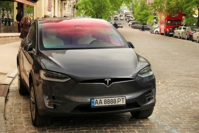 Kiev, Ukraine - May 3, 2019: Tesla Model X on the street of the capital
