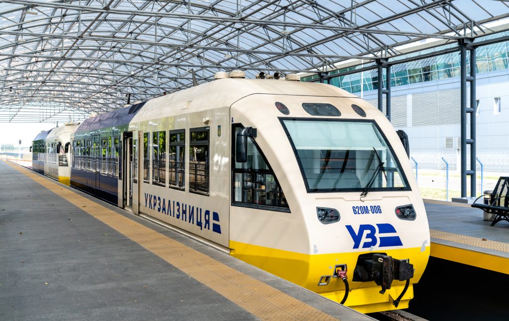 Boryspil, Ukraine - September 16, 2019: Kyiv Boryspil Express, a railcar that connects Boryspil International Airport and Kiev-Pasazhyrskyi Railway Station