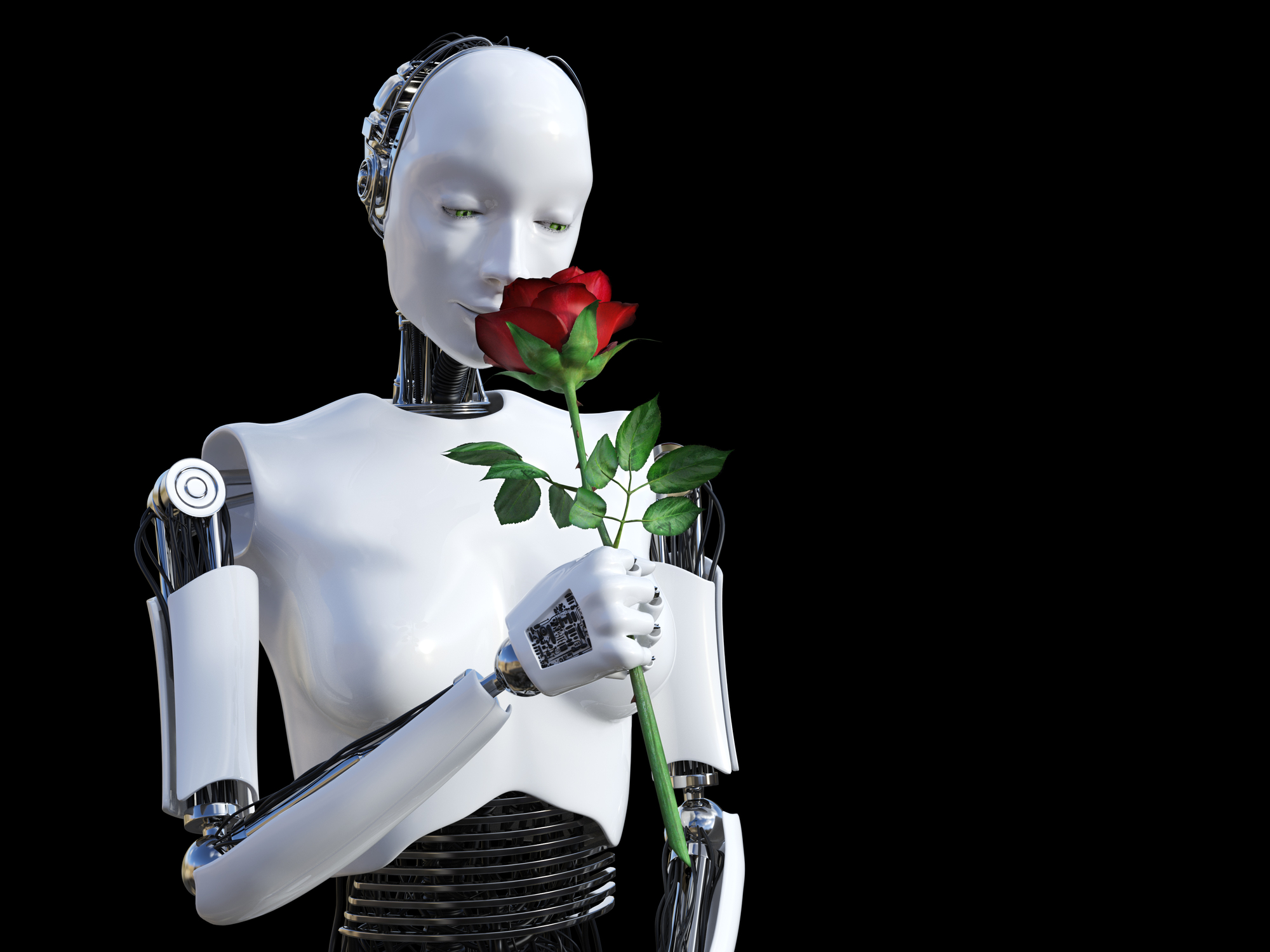 3D rendering of a female robot holding a red rose that she is smelling. Black background.
