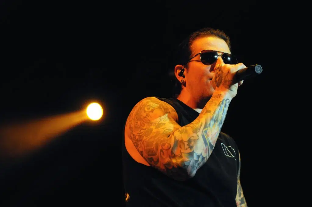 DENVER OCTOBER 05: Vocalist M. Shadows of the Heavy Metal band Avenged Sevenfold performs in concert October 5, 2011 at the Comfort Dental Amphitheater in Denver, CO.