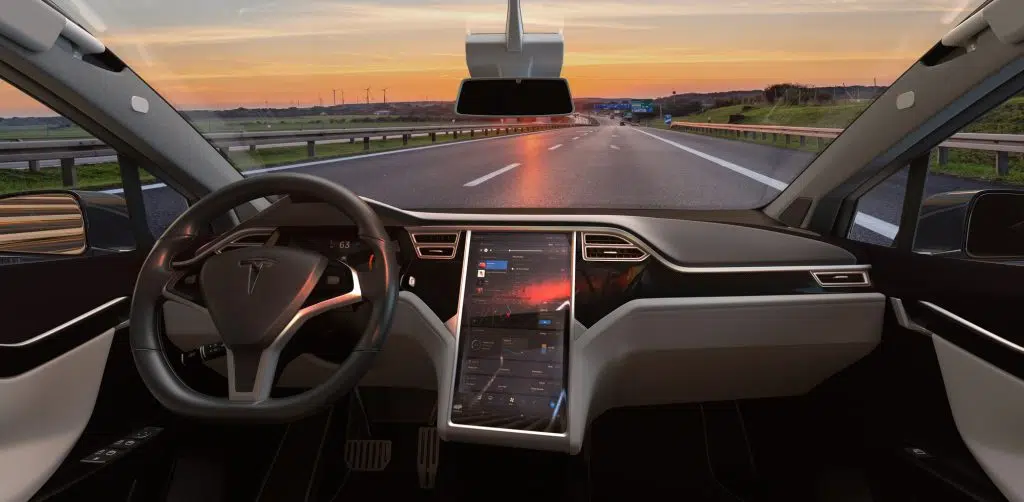 View from View from inside a Tesla X electric car on the highwayelectric car on the highway