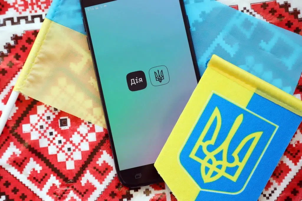 TERNOPIL, UKRAINE - APRIL 24, 2022: Diia app on smartphone screen. Diya is a mobile application with web portal and a brand of e-governance in Ukraine for citizens