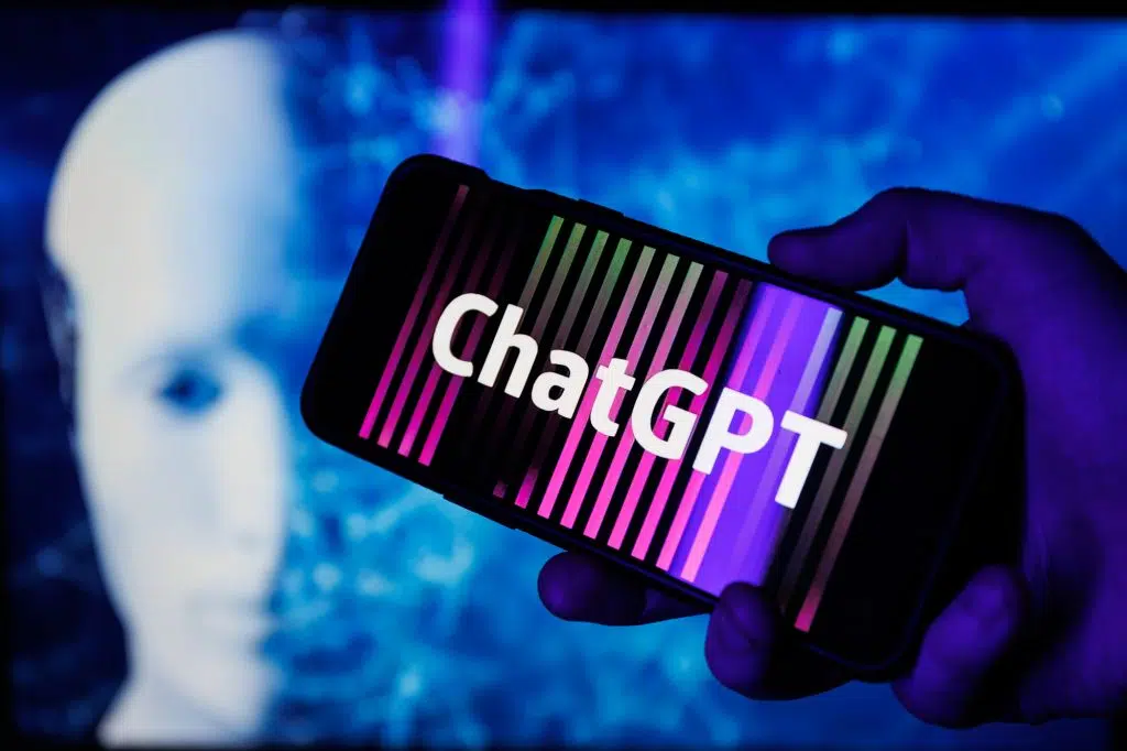 ChatGPT OpenAI logo on smartphone in conceptual Artificial intelligence futuristic background