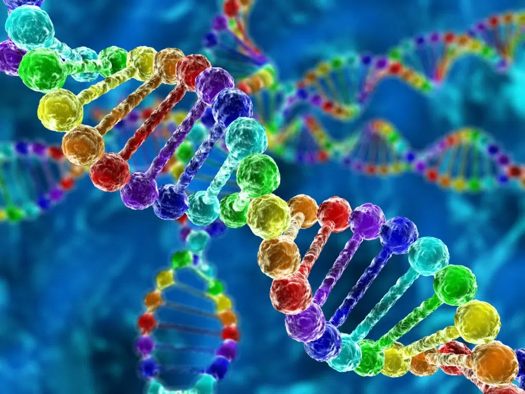 Illustration of rainbow DNA (deoxyribonucleic acid) with defocus on background