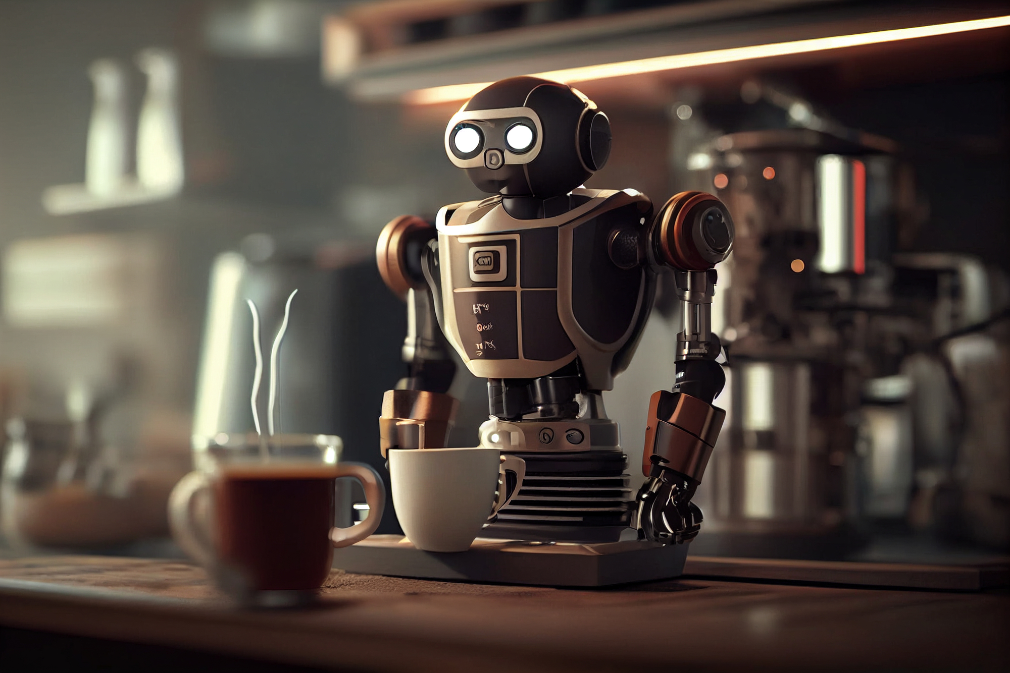 robot coffee machine maker in central cafe. Futuristic concept. smart robot makes coffee. High quality illustration