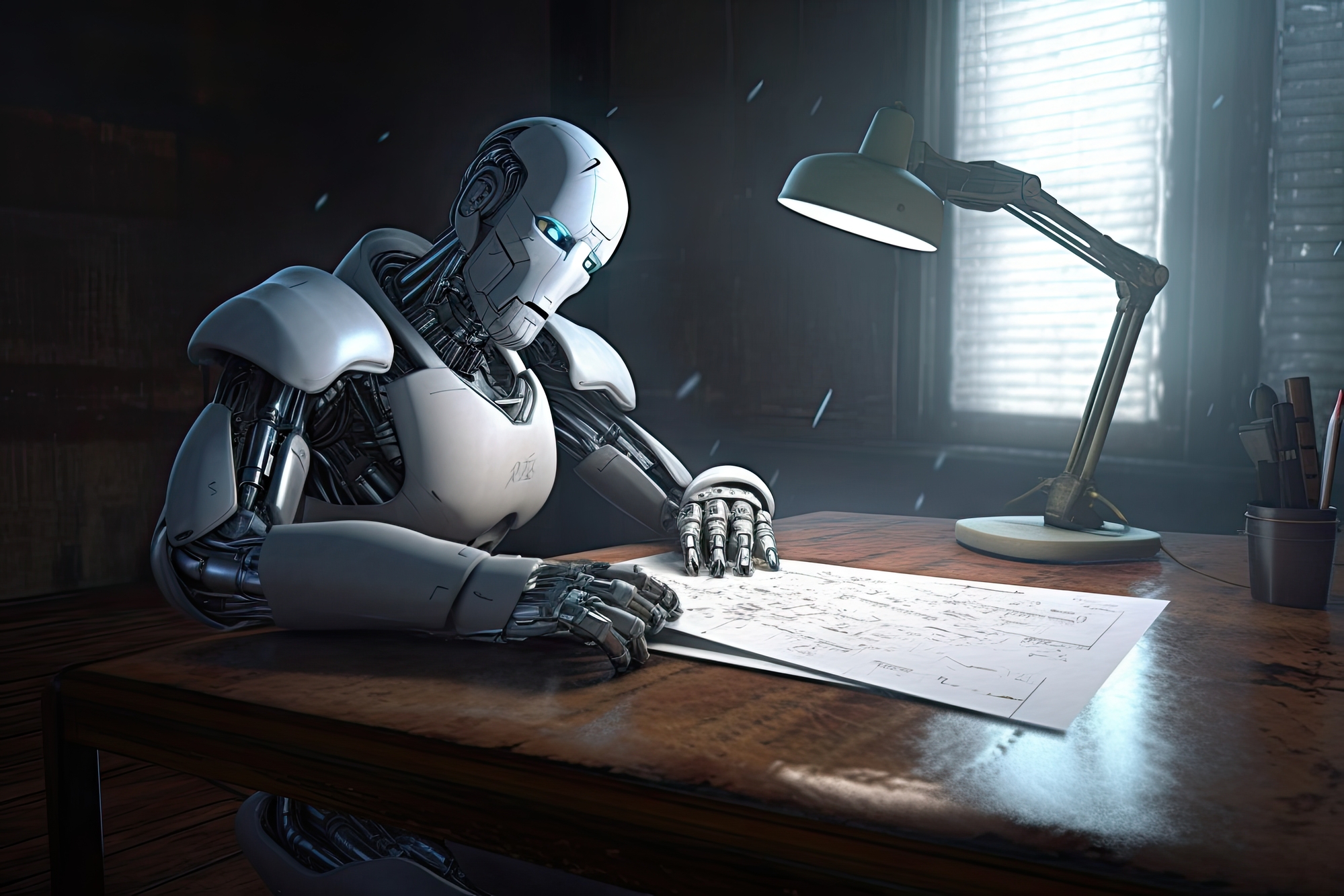 Chatgpt writing assistance, the robot sits at the table and writes
