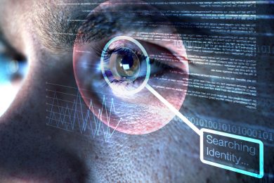 Identity, holographic or man with eye scan in digital cybersecurity technology for Information database. Biometric laser, ai innovation or zoom of searching word in recognition or verification sensor.