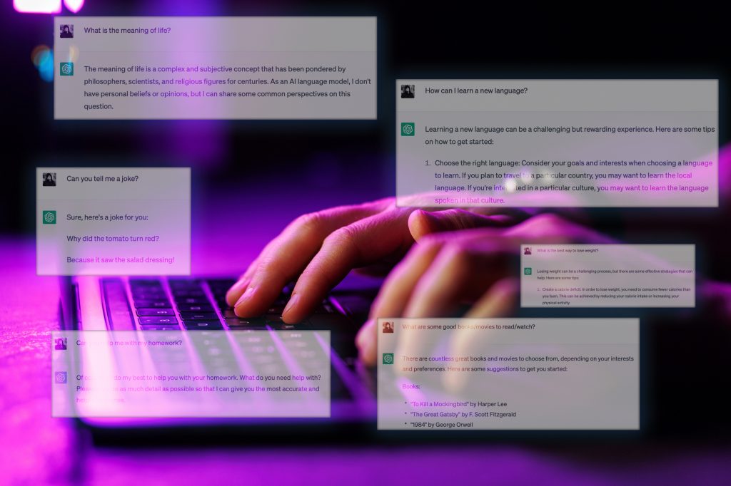 Kaunas, Lithuania - 2023 April 25: ChatGPT chat window. ChatGPT app on screen hologram from Laptop. Chatting with AI chatbot assistance. High quality photo
