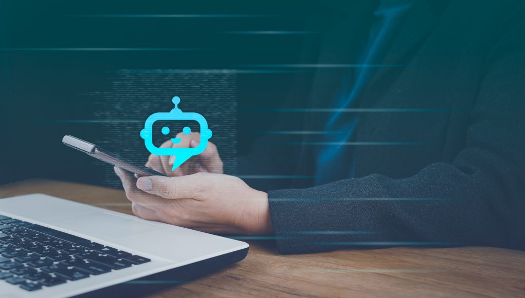 Businessman using chatbot in smartphone. Chat with AI Artificial Intelligence. Futuristic technology, robot in online system. Database smart bot. Virtual software assistant, conversation message tech.