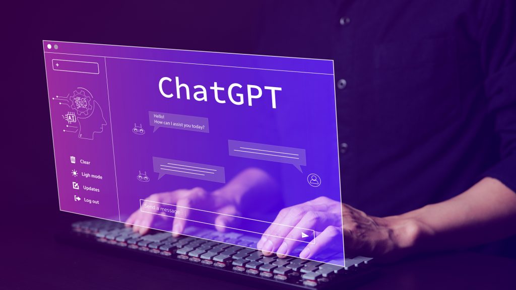 ChatGPT, Chat with AI or Artificial Intelligence technology. Man using a laptop computer chatting with an intelligent artificial intelligence asks for the answers he wants. Smart assistant futuristic,