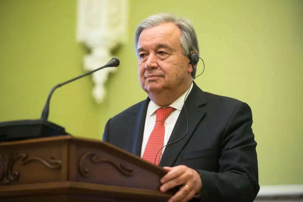 KIEV, UKRAINE - Jul 09, 2017: UN Secretary-General Antonio Guterres during a joint briefing with Ukrainian President Petro Poroshenko in Kiev