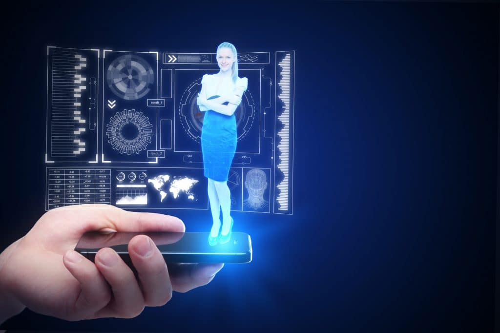 Hand holding glowing smartphone with abstract smiling business woman hologram on blue background. Innovation and communication concept. 3D Rendering