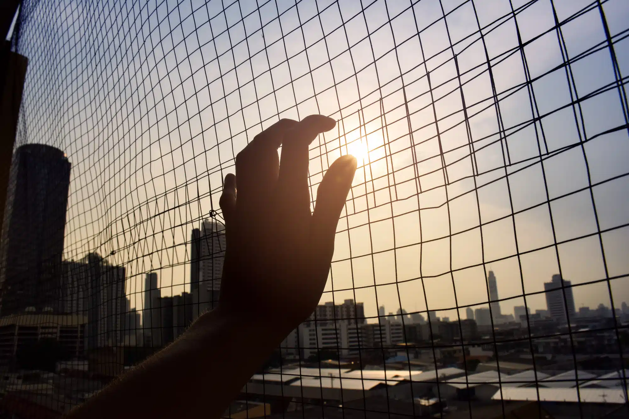 silhouette hand holding on iron net cage with blue sky and city background sunset